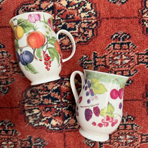 Cute Pair of Similar Fruit Pattern Porcelain Coffee Mugs Dunoon & Roy Kirkham - Picture 1 of 9